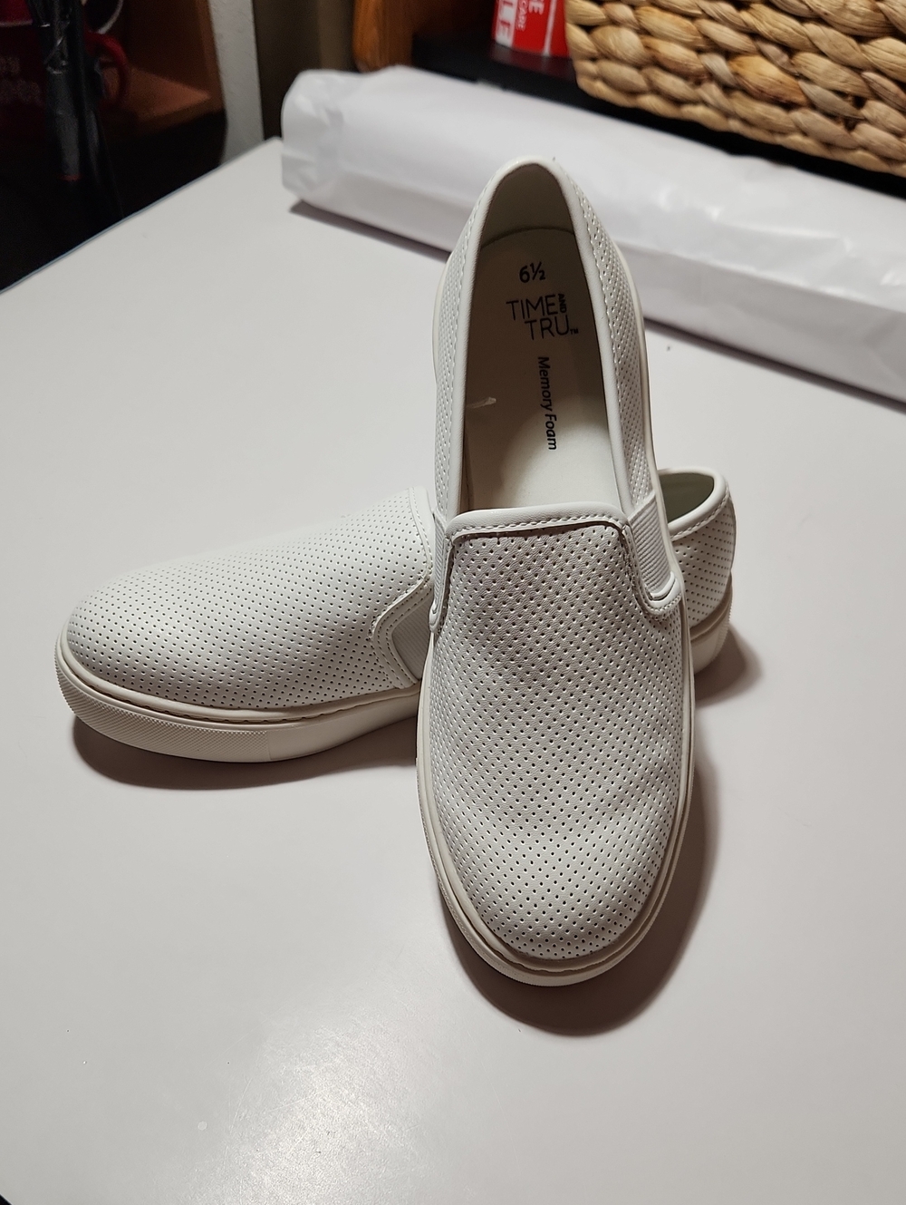 Time and Tru Women's White Perforated Slip-On Sneakers
